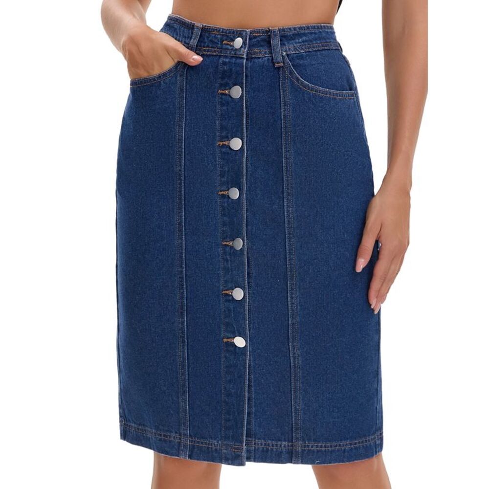 Women's Denim Skirt Button Down Knee Length Jean Skirts Deep Blue